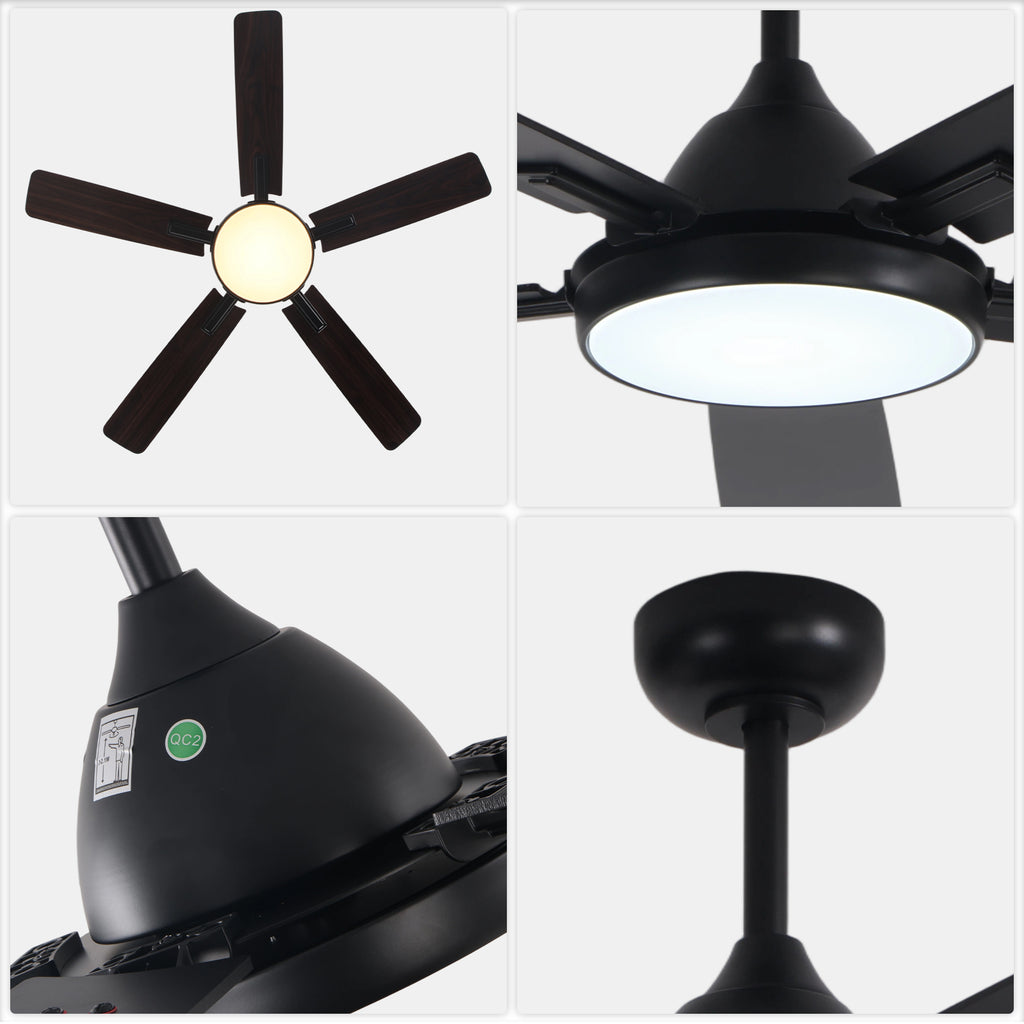 52 Inch Black Modern Ceiling Fan with LED Light, 6-Speed Reversible DC Motor, 5 Dual-Finish Wood Blades, Remote Control, Adjustable Height