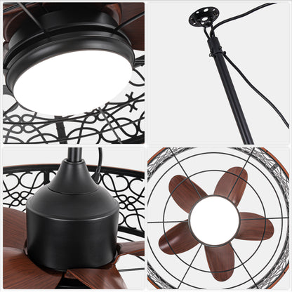 HW2310-GED-BellaDepot 24" Outdoor Iron Carving Caged Ceiling Fan with Remote Control, DC Motor 6 Speeds Fan with LED Lights