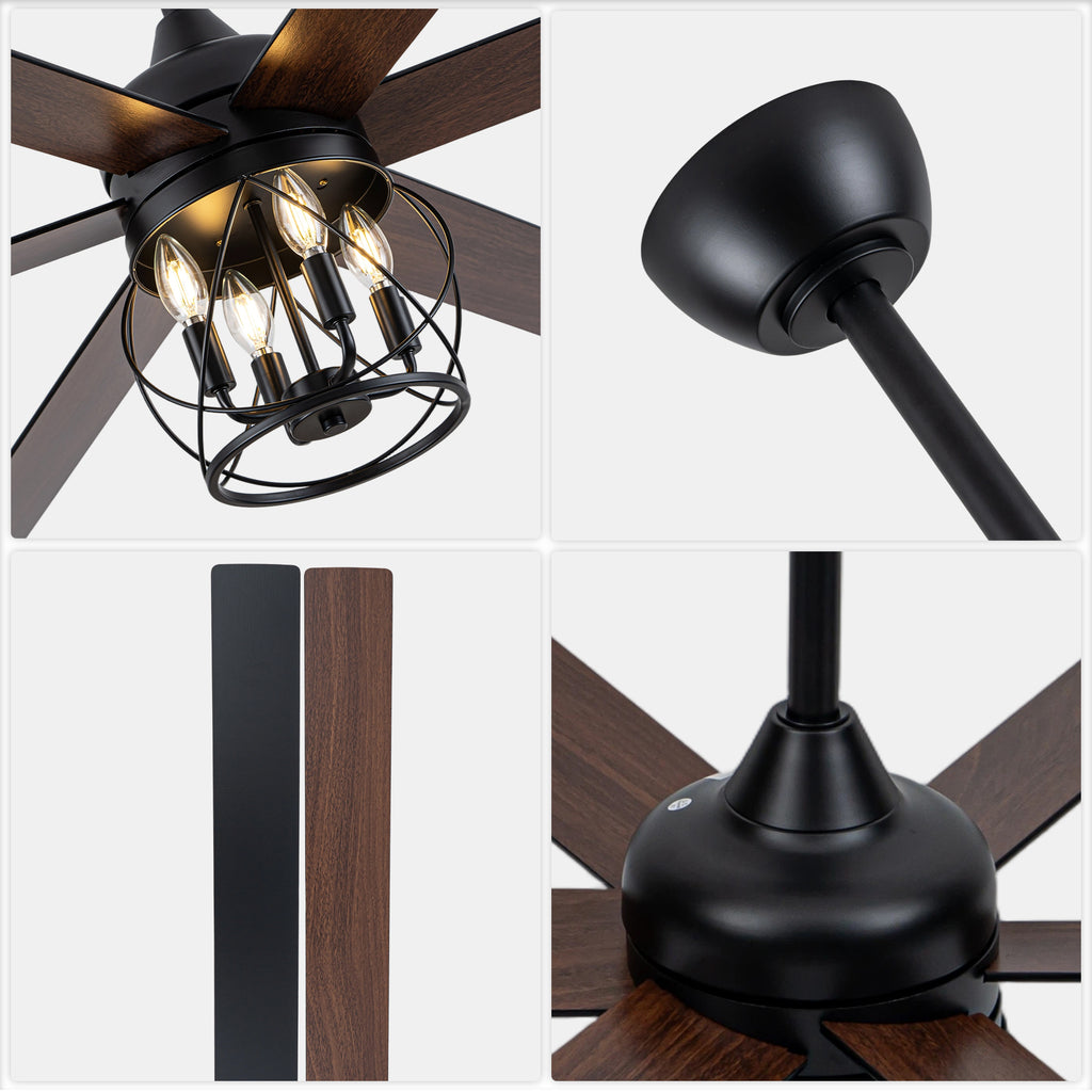 Industrial 60 Inch Caged Ceiling Fan with Light 6 Wood Blades Reversible Quiet DC Motor Ceiling Fan 3 Downrods with Remote Control Ceiling Fan Suit for Living Room, Bedroom