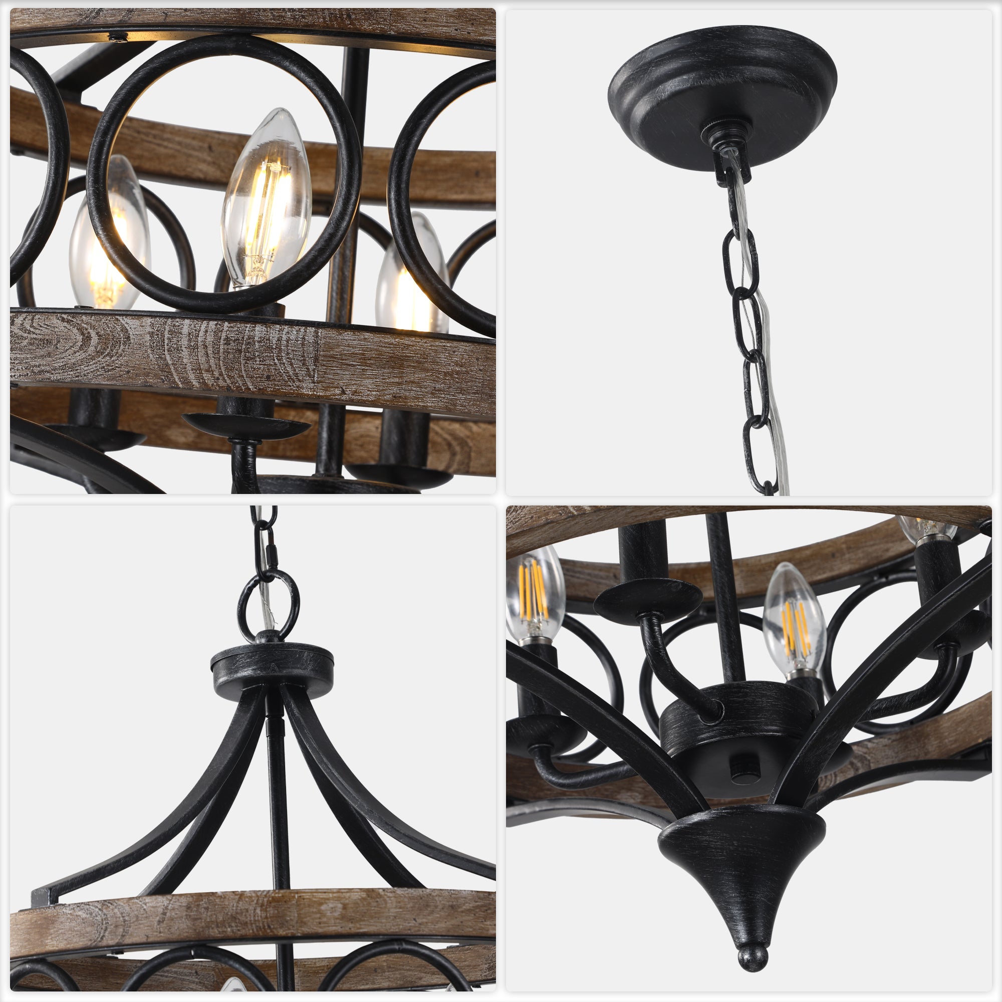 4 - Light Farmhouse Sol Wood Chandelier, 16" Rustic Geometric Chandelier Wood Cage Lantern Pendant Lights
