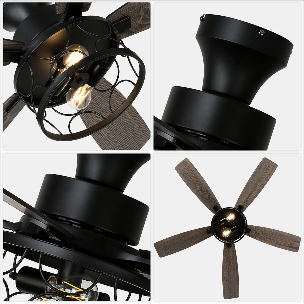 52 Inch Black Farmhouse Industrial Flush Mount Ceiling Fan with Lights and Remote, 6 Speeds DC Motor Reversible Low Profile Ceiling Fan