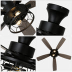 52 Inch Black Farmhouse Industrial Flush Mount Ceiling Fan with Lights and Remote, 6 Speeds DC Motor Reversible Low Profile Ceiling Fan