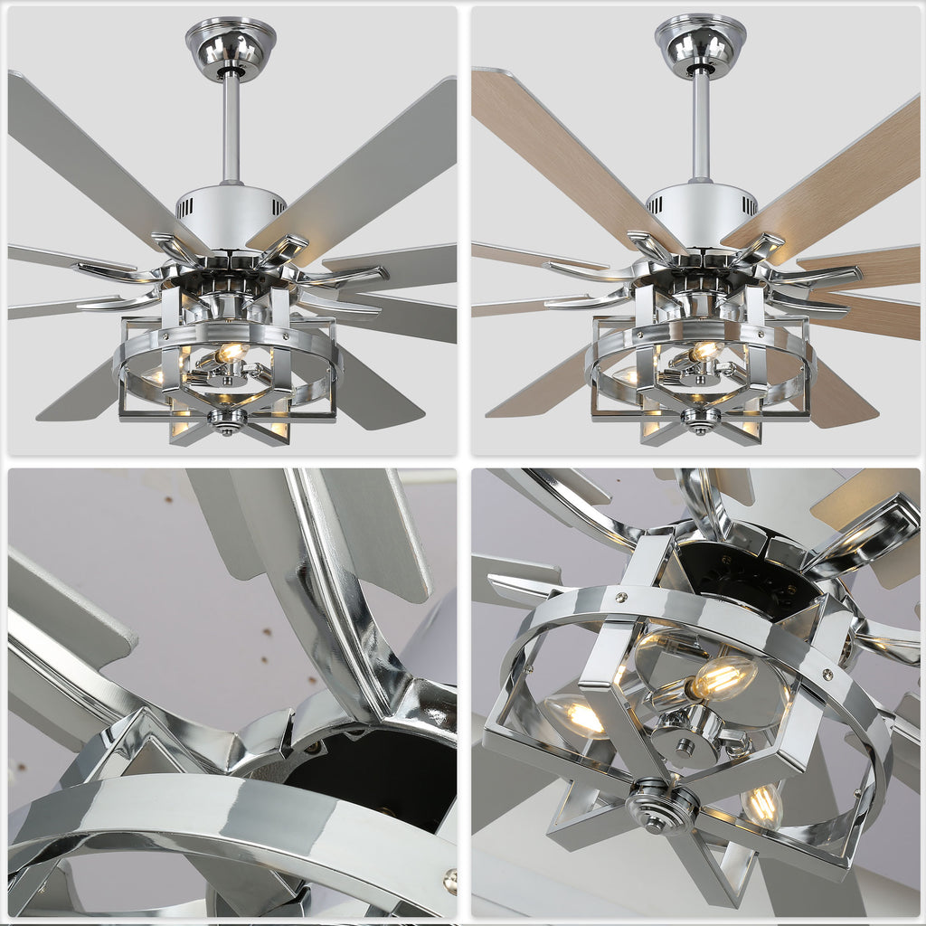 DC6501-BellaDepot 65" 8 Wooden Blades Black/Silver Finish Industrial Caged Reversible Ceiling Fan with Remote and 3 Lights, Large Size 6-speed Ceiling Fan