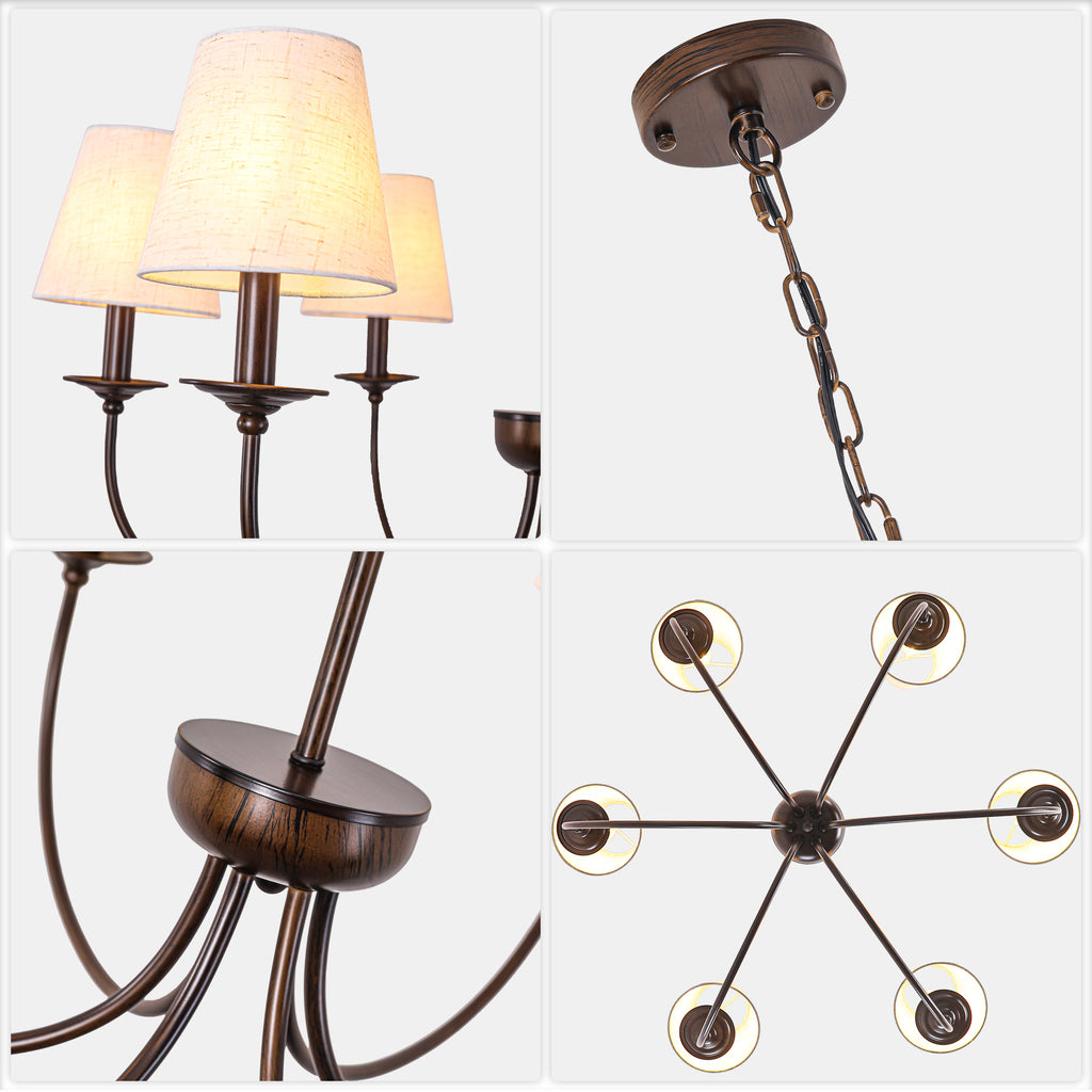 6-Light Black Farmhouse Chandelier with Fabric Shades, 30 Inch Classic Dining Room Light Fixture, Adjustable Pendant Lighting for Kitchen Island