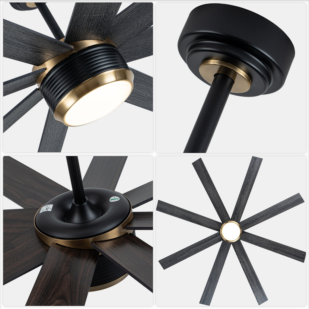 72 Inches Extra Large Ceiling Fan with Dimmable LED Light and Remote, 6 Speeds DC Motor Black Ceiling Fan 8-Blade Reversible Ceiling Fan for Large Room