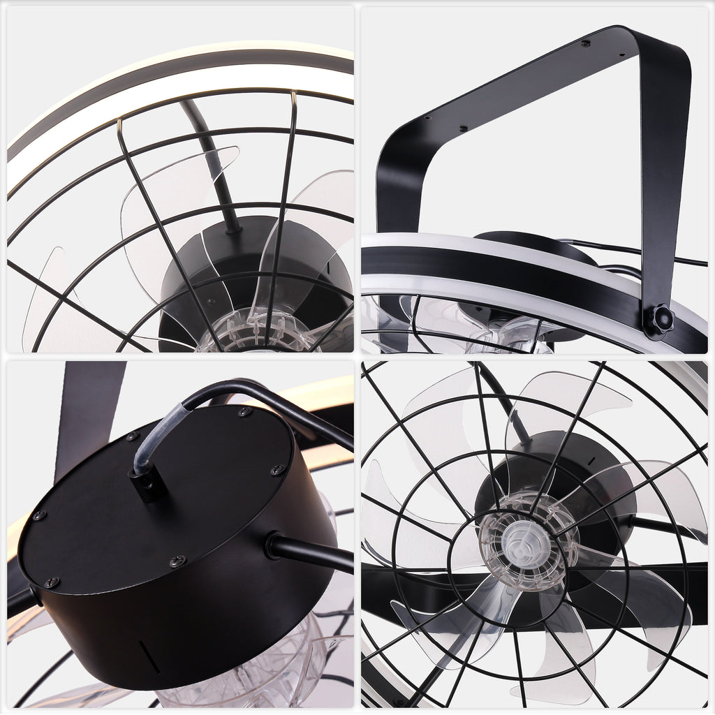 23 Inch Black Modern Wall Mounted Caged Ceiling Fan with Dimmable LED Lights and Remote, 6 Speeds Plug In Bladeless Ceiling Fan