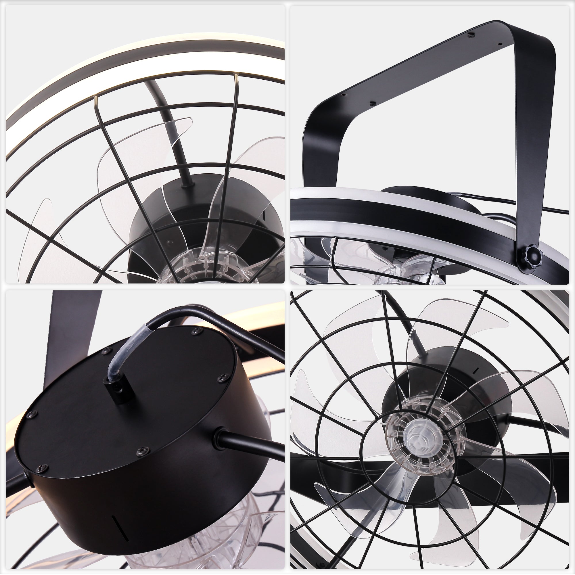 23 Inch Black Modern Wall Mounted Caged Ceiling Fan with Dimmable LED Lights and Remote, 6 Speeds Plug In Bladeless Ceiling Fan