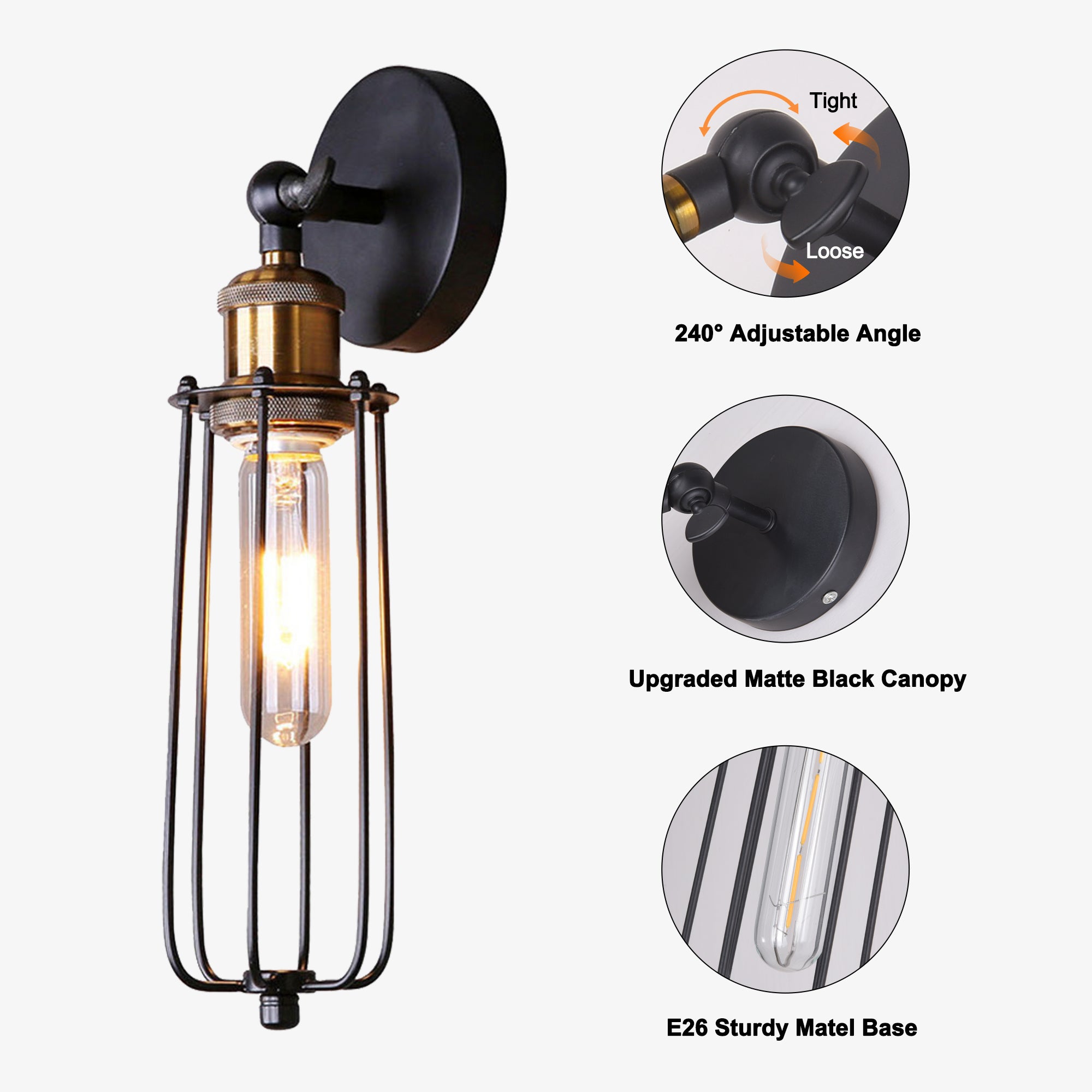 1 - Light Black Industrial Wall Sconces with Adjustable Angle, Modern Wall Light for Hallway