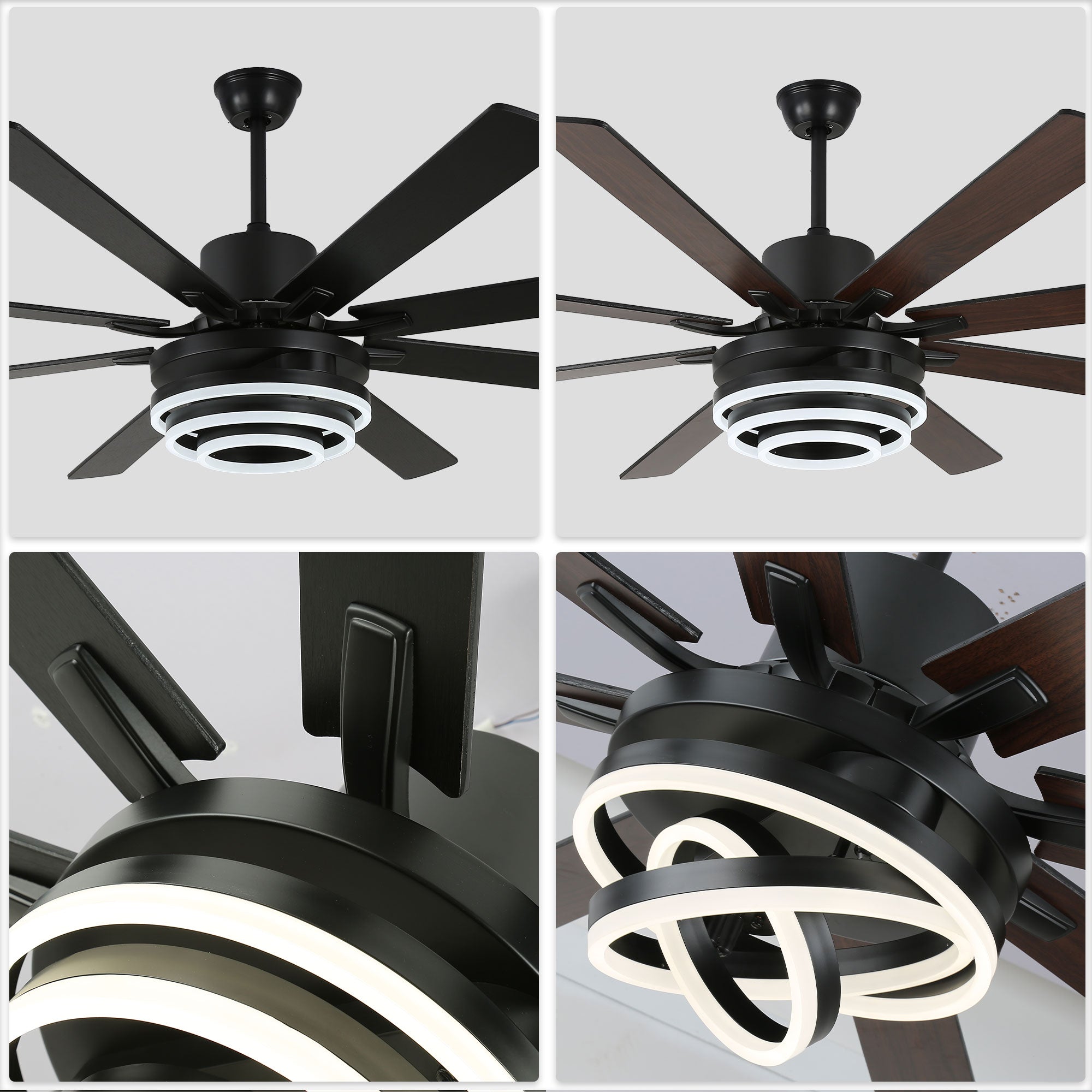 72 Inch Black/Gold/Chrome 8-Blade Modern Extra Large Ceiling Fan with LED Light and Remote, 6 Speeds DC Motor Reversible Ceiling Fan DIY Shade