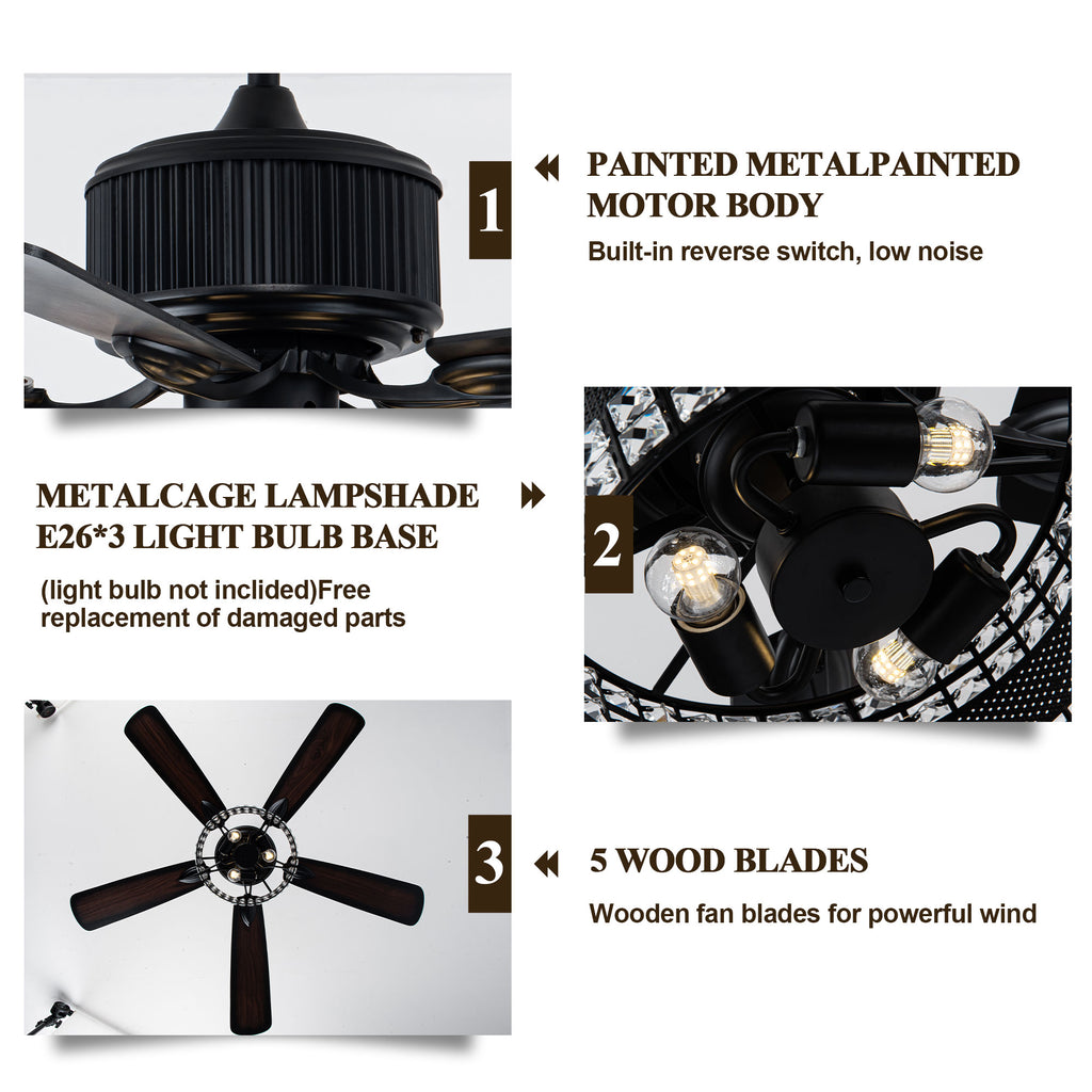 BD2069-BellaDepot 52" Black Crystal Caged Reversible Ceiling Fan with Remote and 3 Lights, DC Motor Ceiling Fan