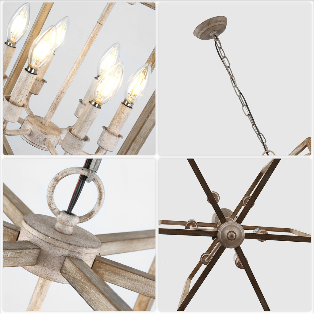 6 - Lights Cottage Distressed Wood Chandelier, 15.7" Height Adjustable Farmhouse Geometric Chandelier