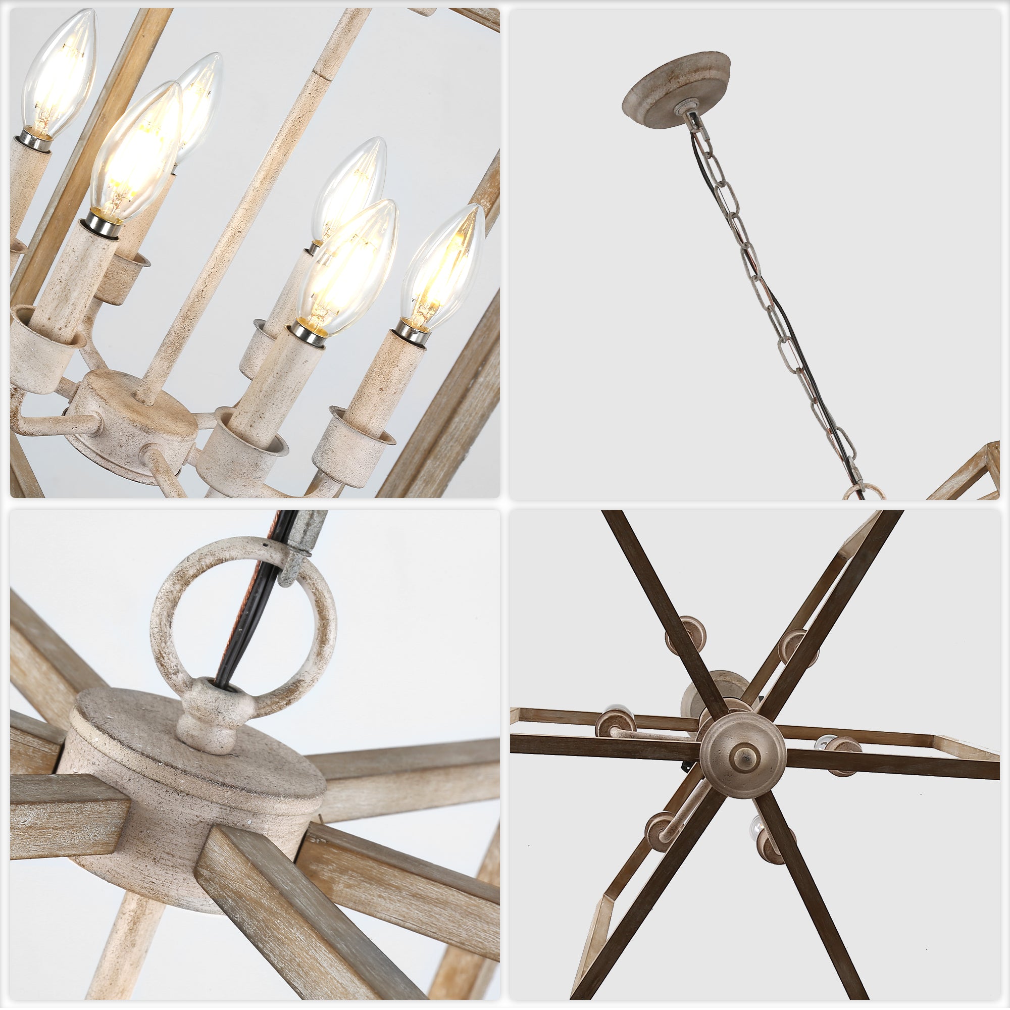 6 - Lights Cottage Distressed Wood Chandelier, 15.7" Height Adjustable Farmhouse Geometric Chandelier