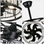 20 Inch Modern Glam Crystal Drum Cage Ceiling Fan with Light and Remote, 6-Speed Reversible DC Motor Bladeless Ceiling Fan with Crystals