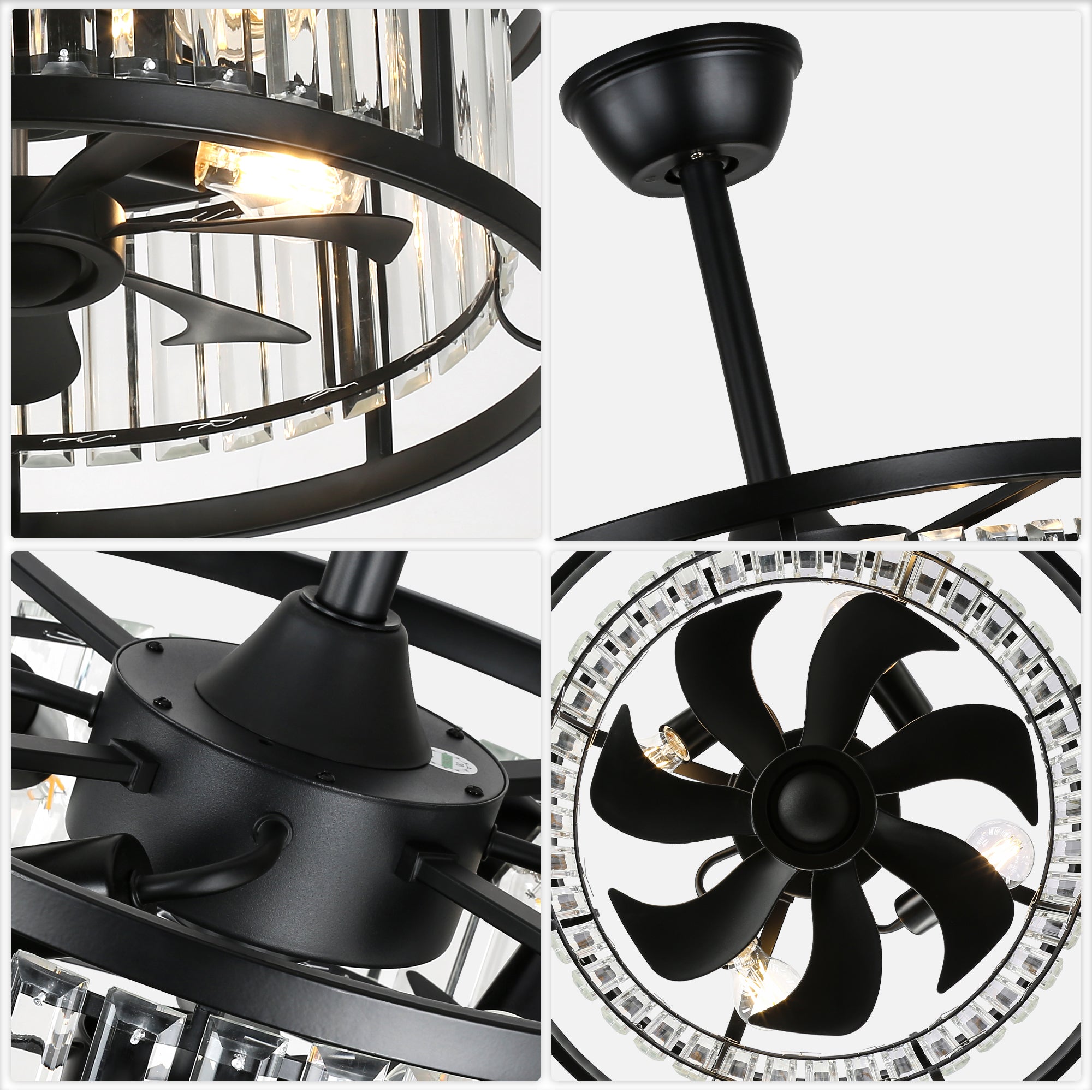 20 Inch Modern Glam Crystal Drum Cage Ceiling Fan with Light and Remote, 6-Speed Reversible DC Motor Bladeless Ceiling Fan with Crystals