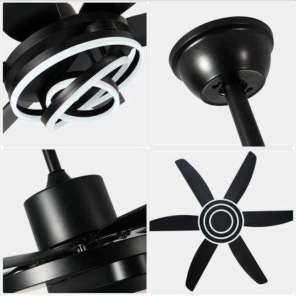 GED5614-BellaDepot 56" Modern Contemporary Black LED Ceiling Fan, 6 Speeds Ceiling Fan with Light Remote Control for All Seasons