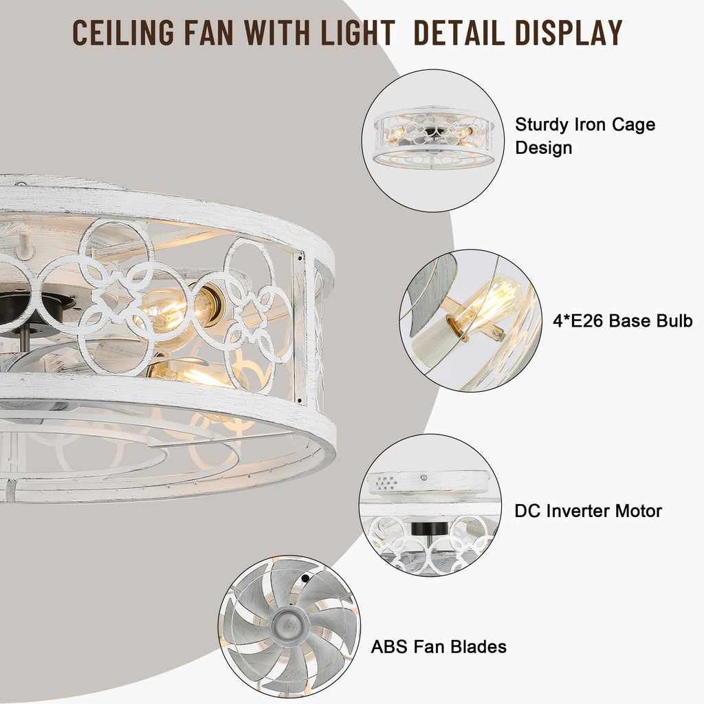 20 Inch Farmhouse Distressed White Flush Mount Caged Ceiling Fan with Lights and Remote, 3 Speeds Reversible Bladeless Fandelier Ceiling Fan