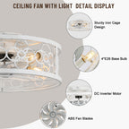 20 Inch Farmhouse Distressed White Flush Mount Caged Ceiling Fan with Lights and Remote, 3 Speeds Reversible Bladeless Fandelier Ceiling Fan