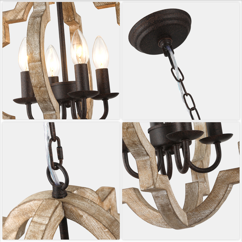 4 - Light Farmhouse Solid Wood Chandelier, Orb Geometric Chandelier Hanging Chandelier Wood Light Fixture Rustic Wooden Chandelier