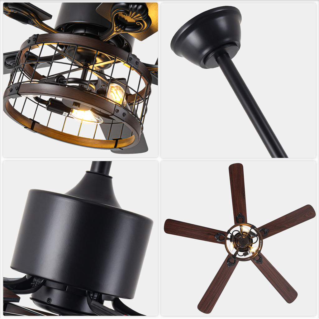 52 Inch Industrial Farmhouse Ceiling Fan with Lights and Remote Control, 6 Speeds Reversible Caged Ceiling Fan for Living Room