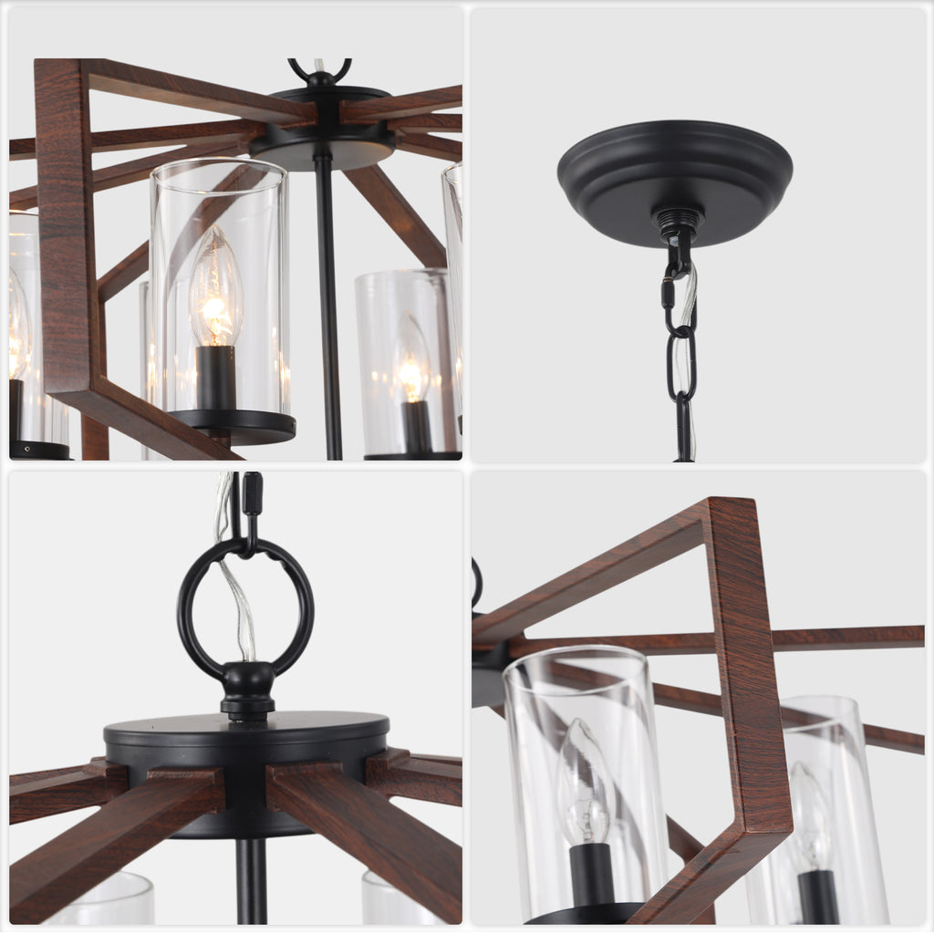 Farmhouse 35 Inch Metal Caged Chandelier Glass Lampshade Hollowed Out Lighting Retro Chandeliers Industrial Versatile Chandelier Suit for Bedrooms, Living Rooms, Kitchens