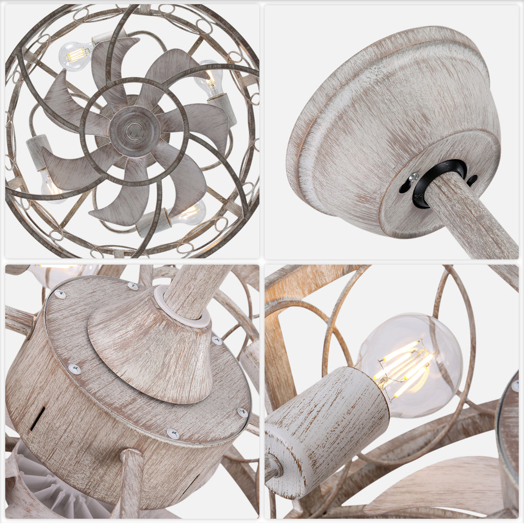 Industrial 20 Inch Distressed White Caged Ceiling Fan with Light Quiet DC Motor with Remote Control Ceiling Fan Small Farmhouse Ceiling Fan with Light Suit for Bedroom, Kitchen,Living Room