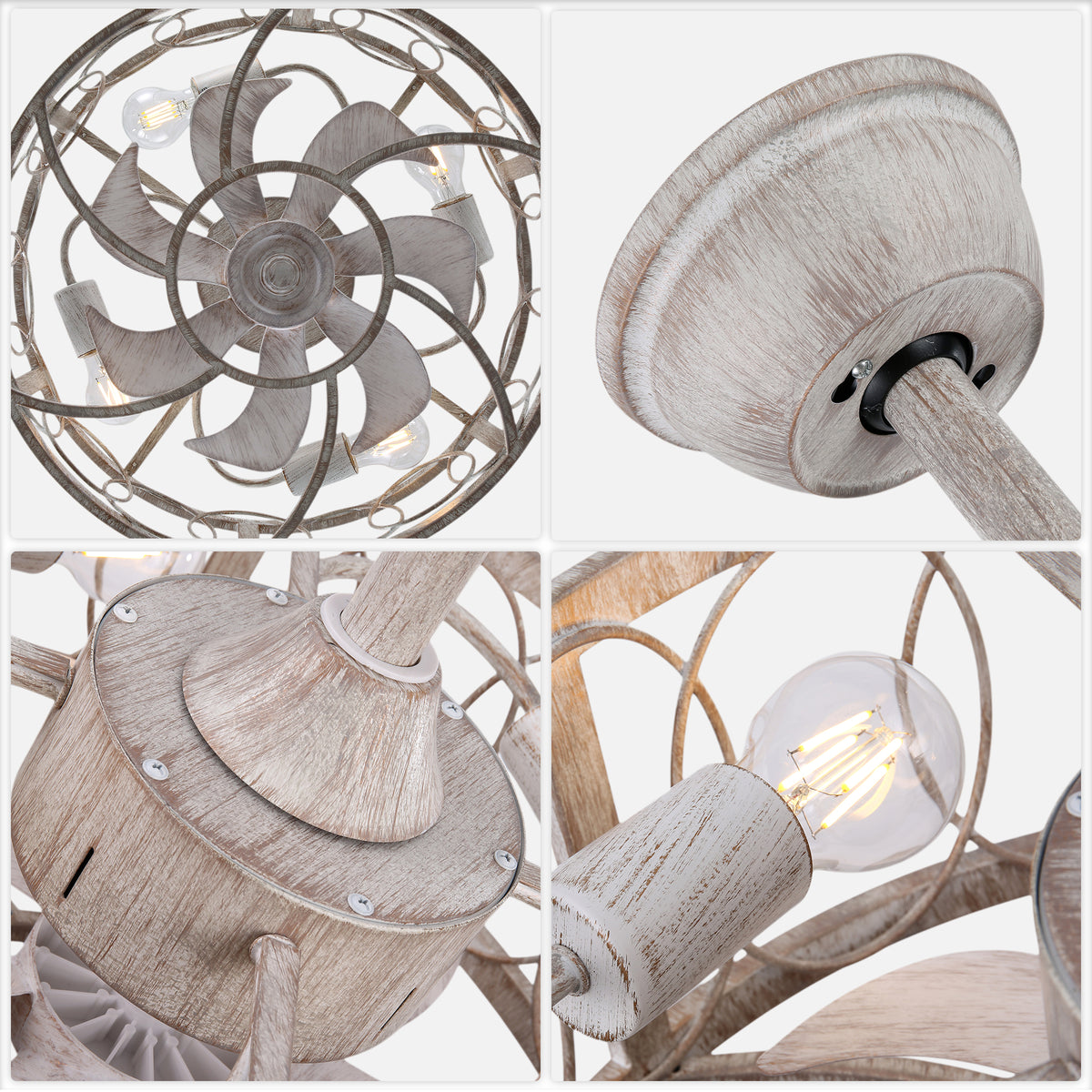 Industrial 20 Inch Distressed White Caged Ceiling Fan with Light Quiet DC Motor with Remote Control Ceiling Fan Small Farmhouse Ceiling Fan with Light Suit for Bedroom, Kitchen,Living Room
