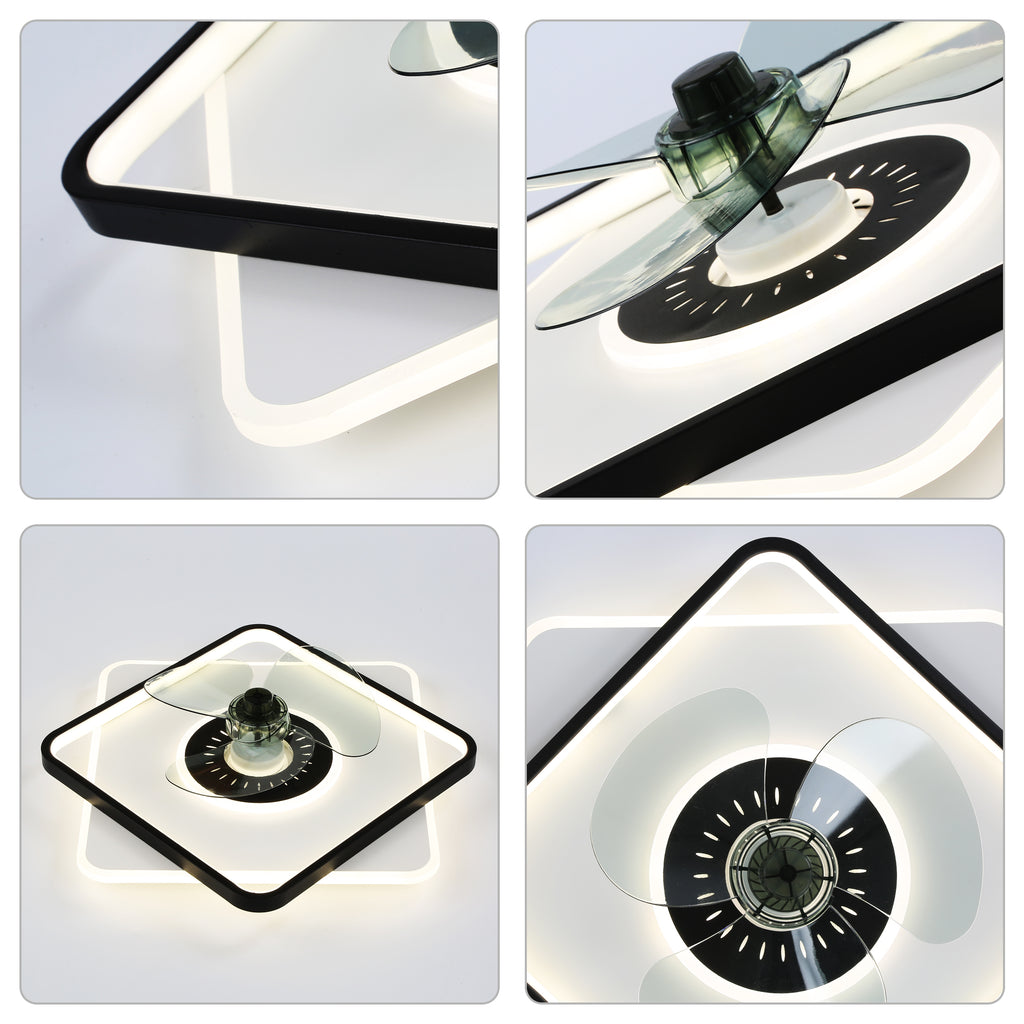 19 Inch Square Modern Smart Low Profile Ceiling Fan with LED Light, 6 Speeds DC Motor Flush Mount Ceiling Fan for Bedroom