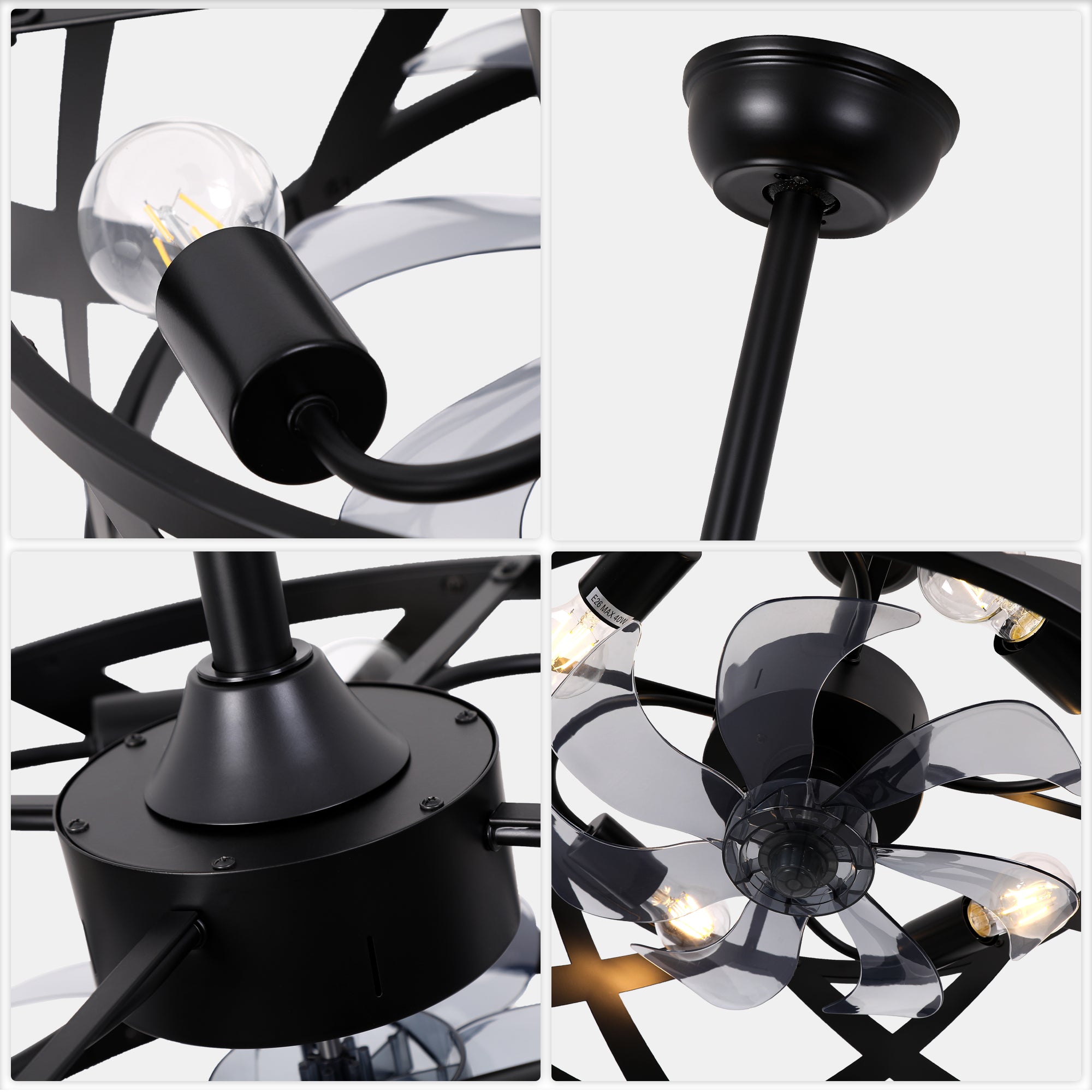 20 Inch Black Industrial Ceiling Fan with Light and Remote, 6-Speed DC Motor Bladeless Ceiling Flush Mount & Downrod Options