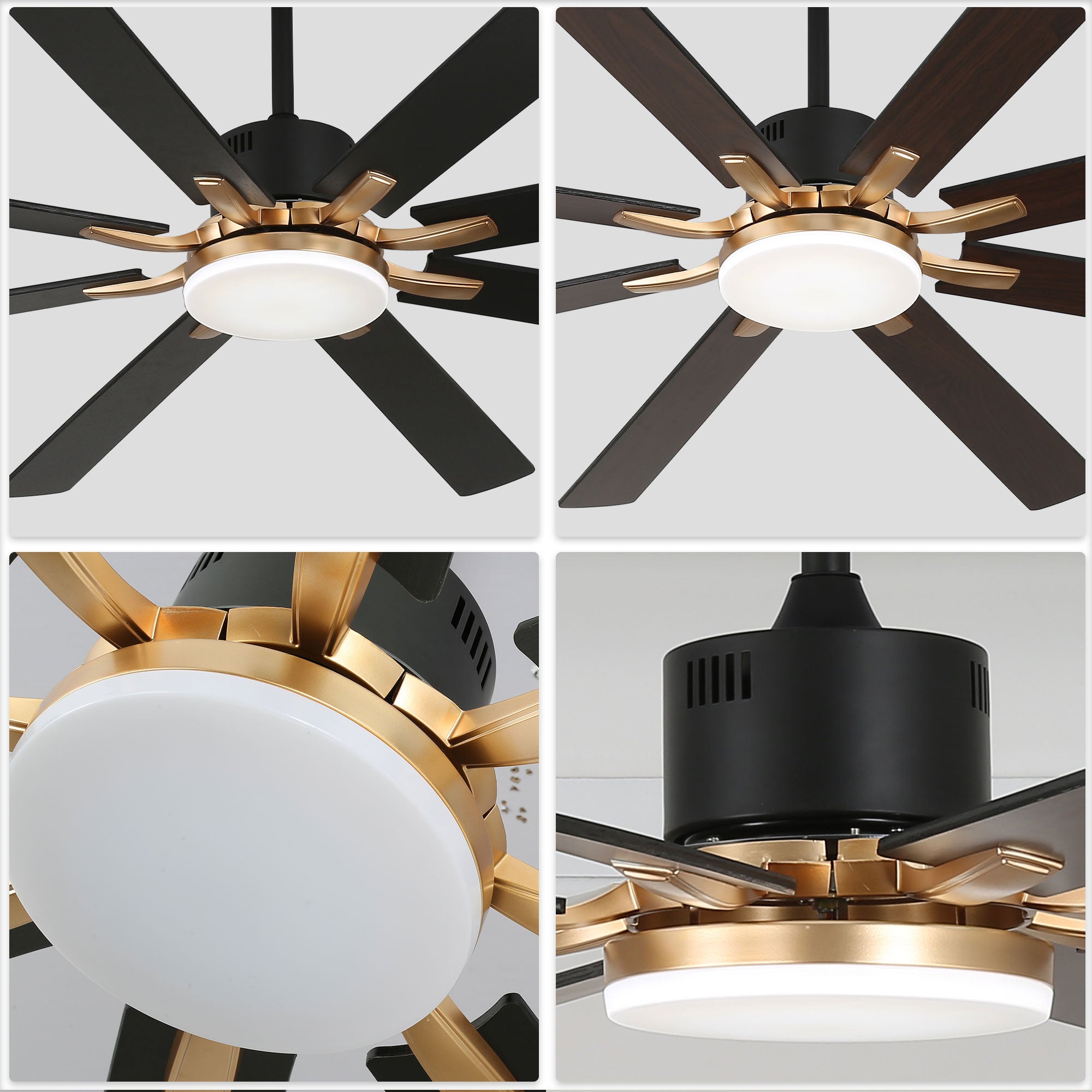 DC7203-BellaDepot 72" 8 Blades Black/Silver Finish Modern Urban Reversible Ceiling Fan with Remote and LED Light Kit Included, Large Size Dimmable Ceiling Fan