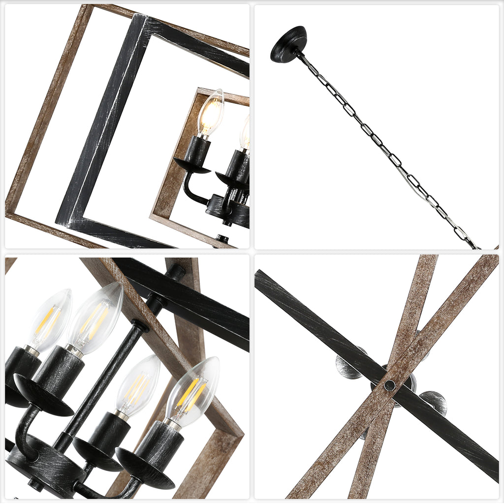 4 - Lights Industrial Geometric Chandelier, Farmhouse Wood Chandelier for Enrtyway with DIY Shape Height Adjustable