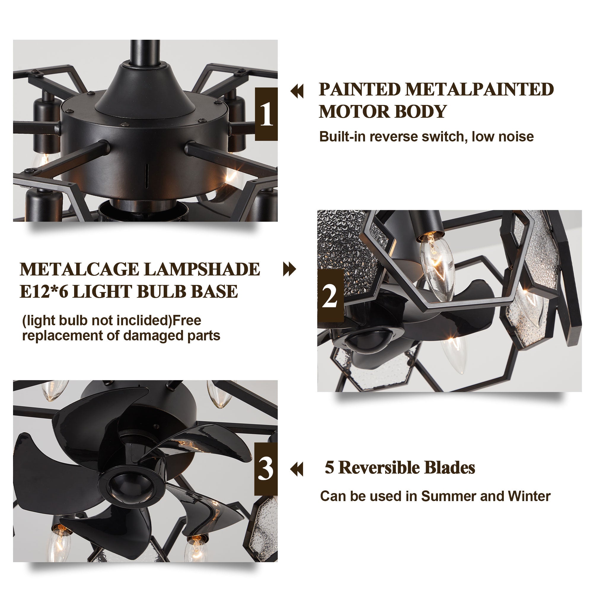 DC1903-BellaDepot 18.9" Gold/Black/Silver Finish Geometric Reversible Ceiling Fan with 6 Lights and Remote