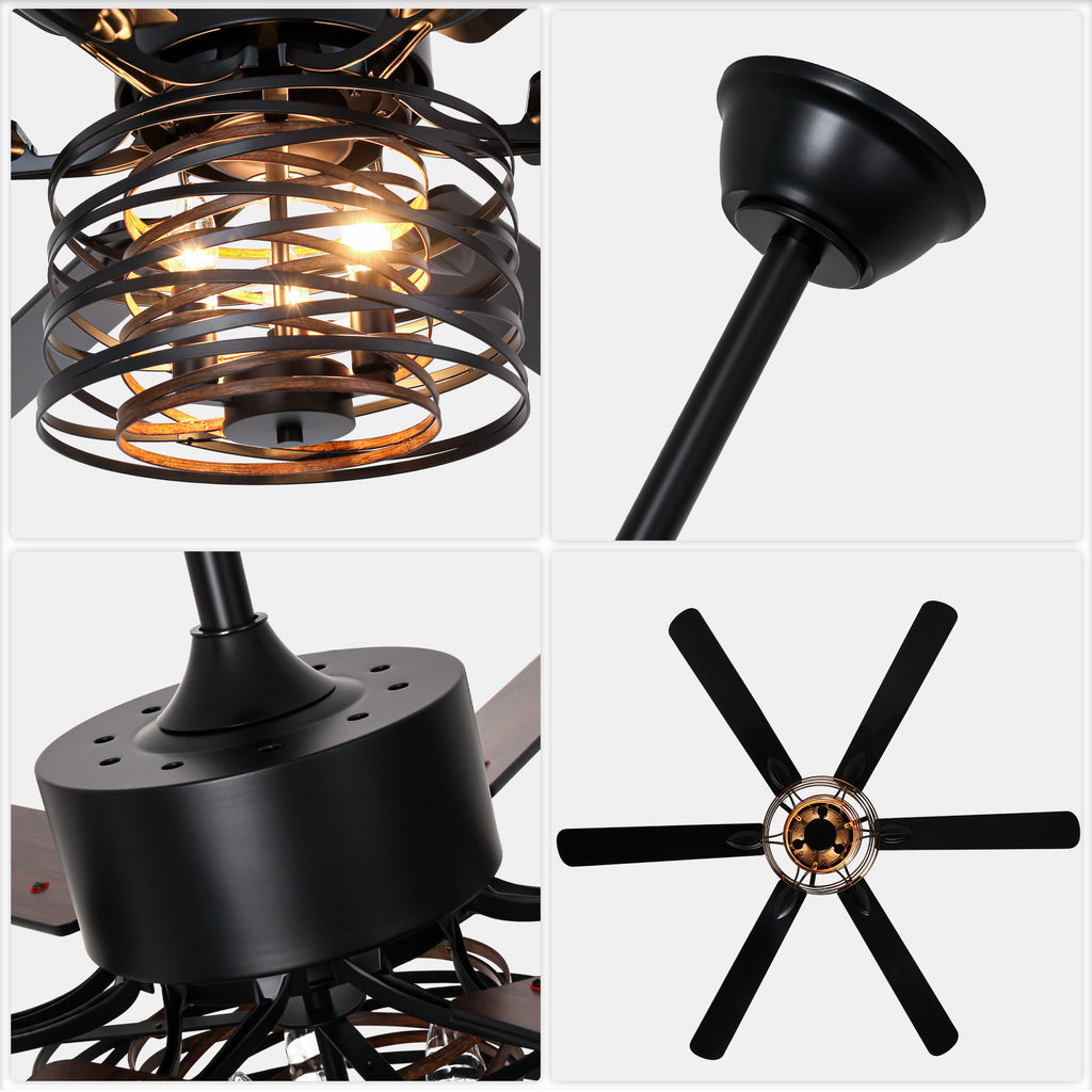65 Inch Black Caged Large Ceiling Fan with Lights and Remote Control, 6 Speeds DC Motor Farmhouse Ceiling Fan for Large Rooms