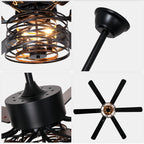 65 Inch Black Caged Large Ceiling Fan with Lights and Remote Control, 6 Speeds DC Motor Farmhouse Ceiling Fan for Large Rooms