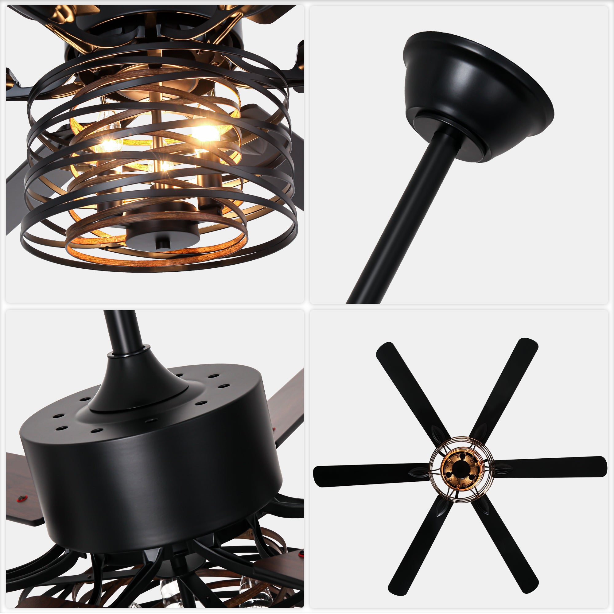 65 Inch Black Caged Large Ceiling Fan with Lights and Remote Control, 6 Speeds DC Motor Farmhouse Ceiling Fan for Large Rooms