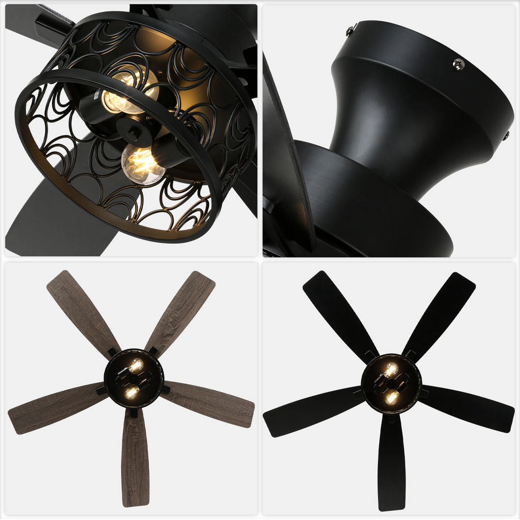 52 Inch Industrial Flush Mount Ceiling Fan with Lights and Remote Control, 6 Speeds Reversible Caged Ceiling Fan for Low Profile