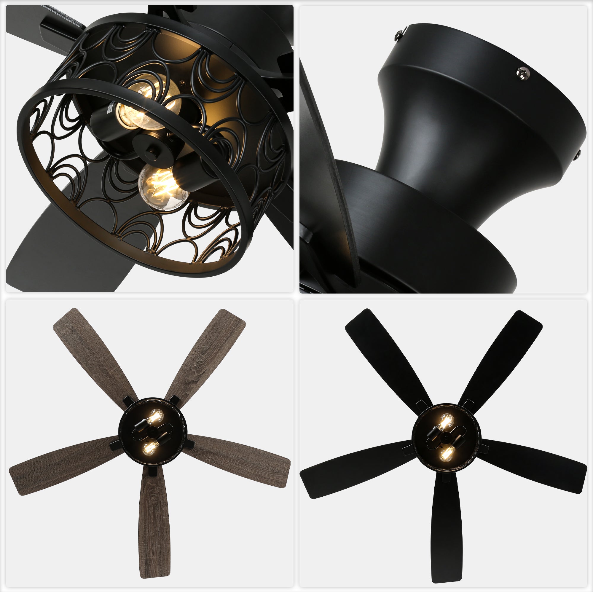 52 Inch Industrial Flush Mount Ceiling Fan with Lights and Remote Control, 6 Speeds Reversible Caged Ceiling Fan for Low Profile