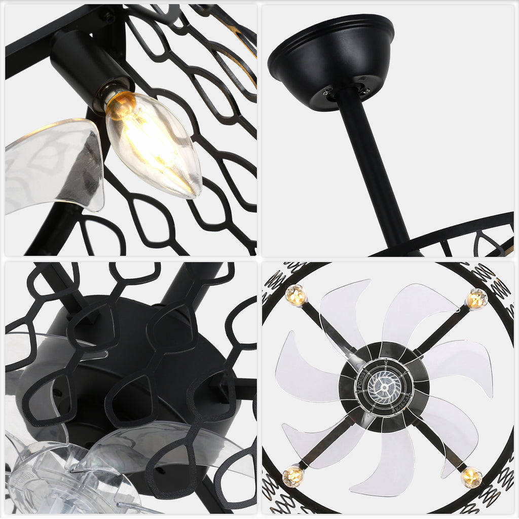 19 Inch Modern Black Drum Caged Ceiling Fan with Lights and Remote, 6 Speeds DC Motor Reversible Bladeless Fandelier Ceiling Fan