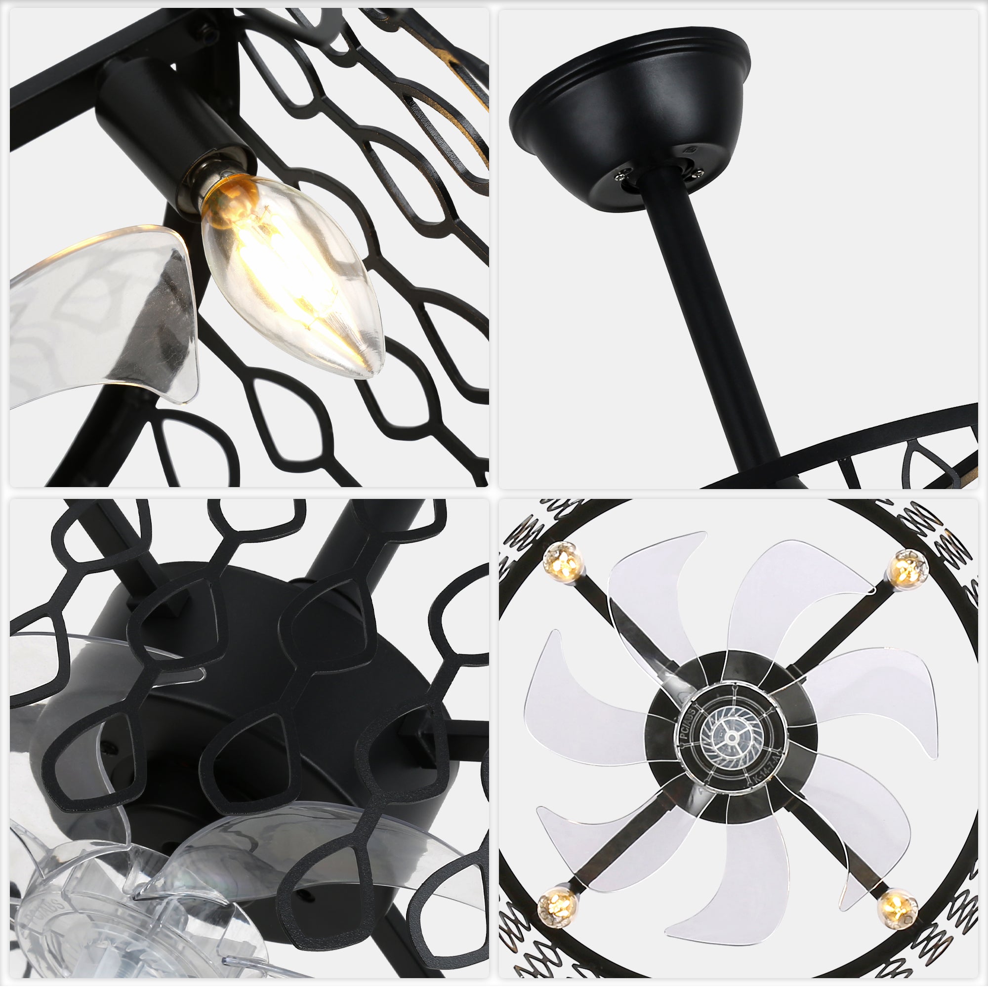 19 Inch Modern Black Drum Caged Ceiling Fan with Lights and Remote, 6 Speeds DC Motor Reversible Bladeless Fandelier Ceiling Fan