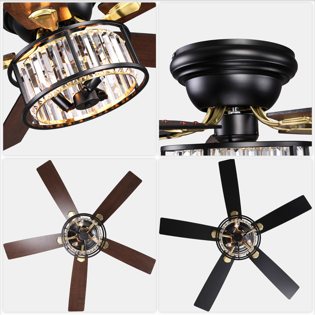 52 Inch Modern Glam Crystal Flush Mount Ceiling Fan with Lights and Remote, 6 Speeds DC Motor Reversible Low Profile Ceiling Fan