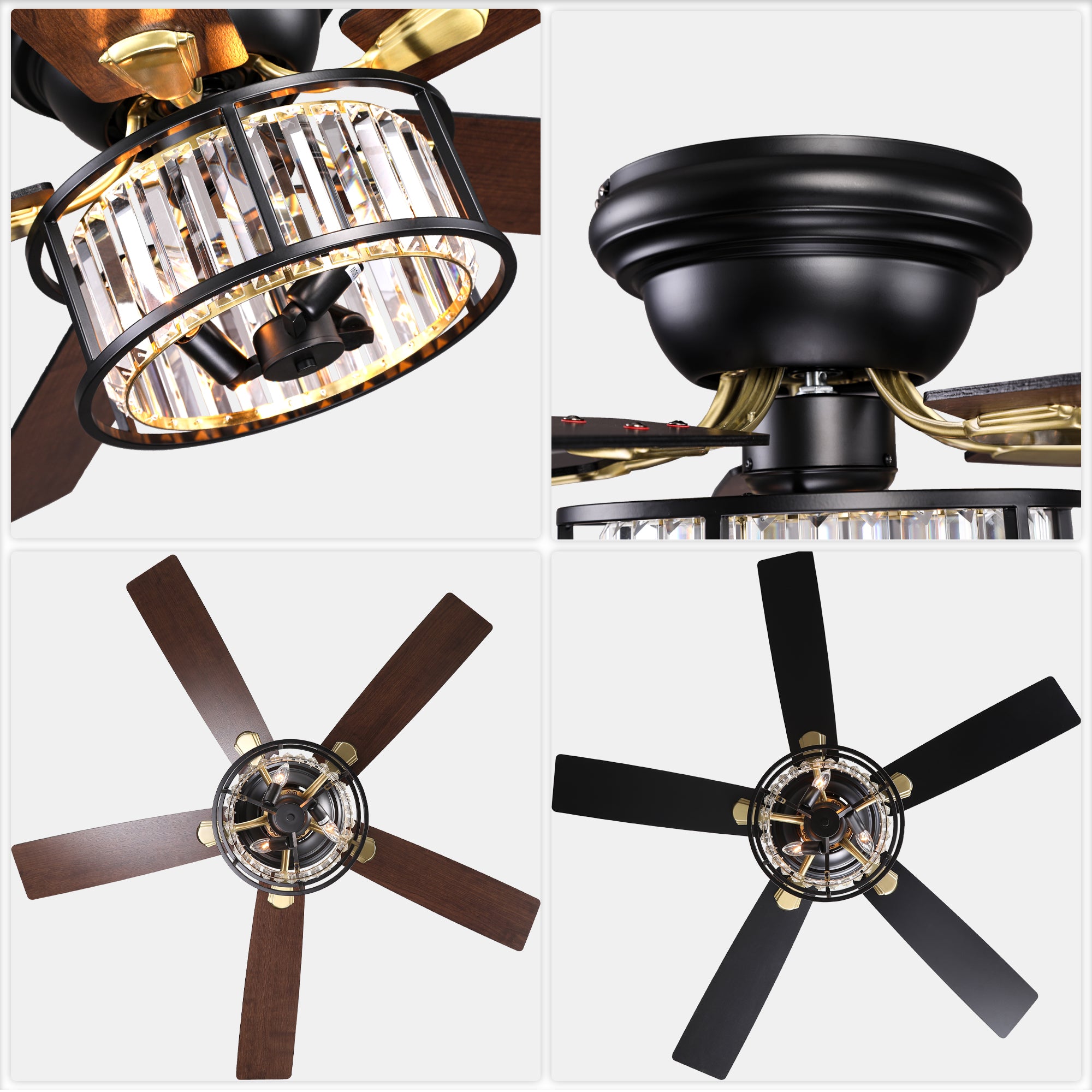 52 Inch Modern Glam Crystal Flush Mount Ceiling Fan with Lights and Remote, 6 Speeds DC Motor Reversible Low Profile Ceiling Fan