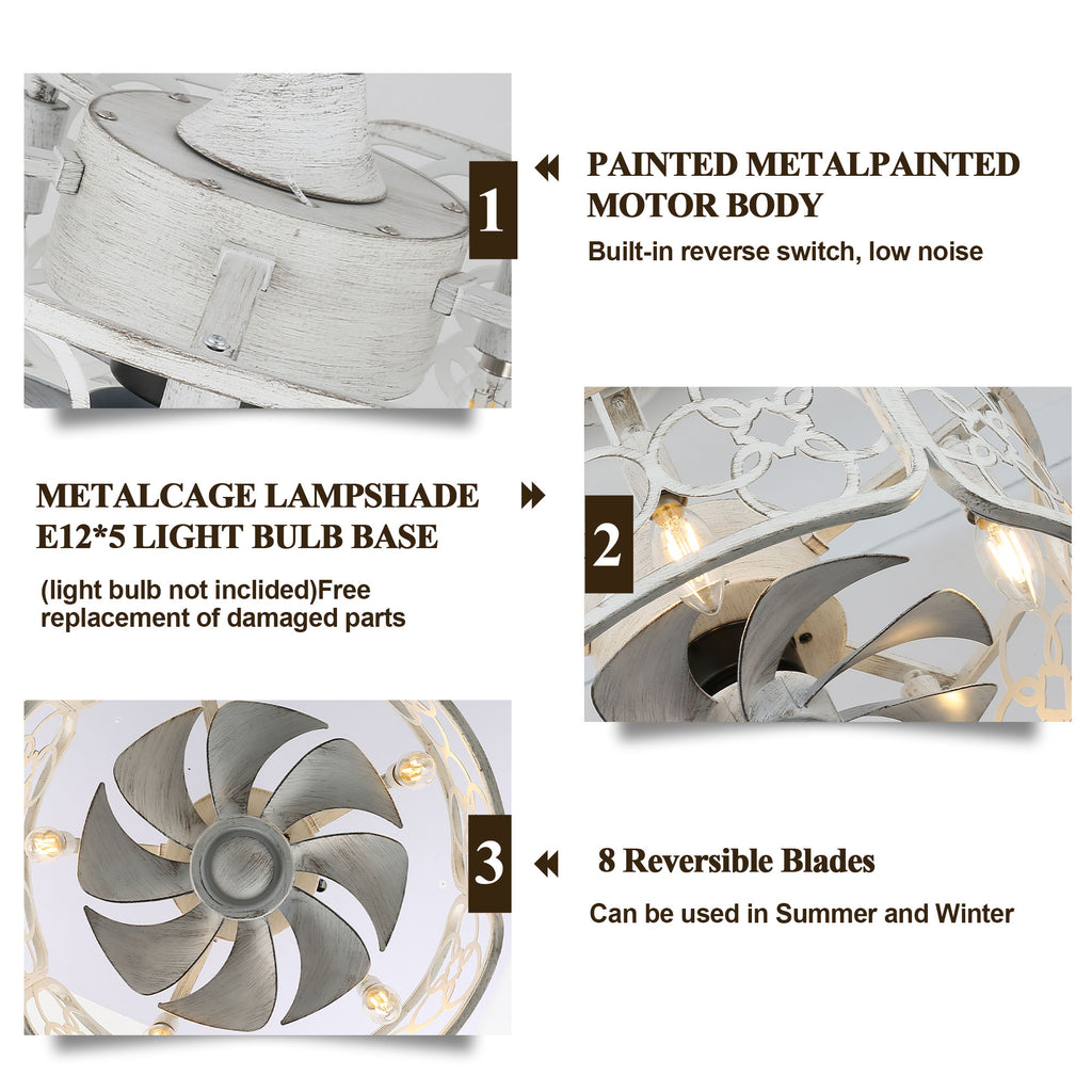 18 Inch Farmhouse Distressed White Caged Ceiling Fan with Lights and Remote, 8-Blade Reversible Bladeless Fandelier Ceiling Fan