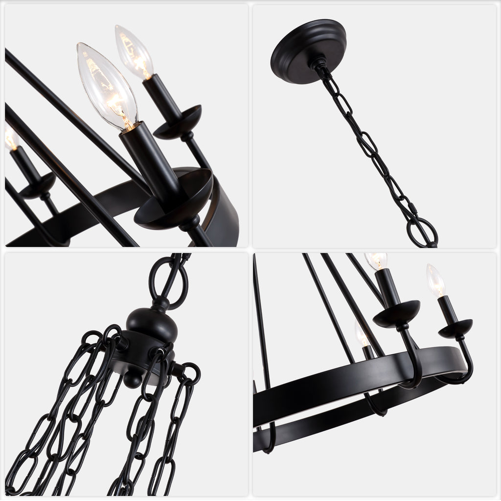 6 - Light Farmhouse Industrial Wagon Wheel Candle Chandelier, 25 Inch Round Matte Black Chandelier with Adjustable Chain, Rustic Candle-Style Pendant Light for Dining Room