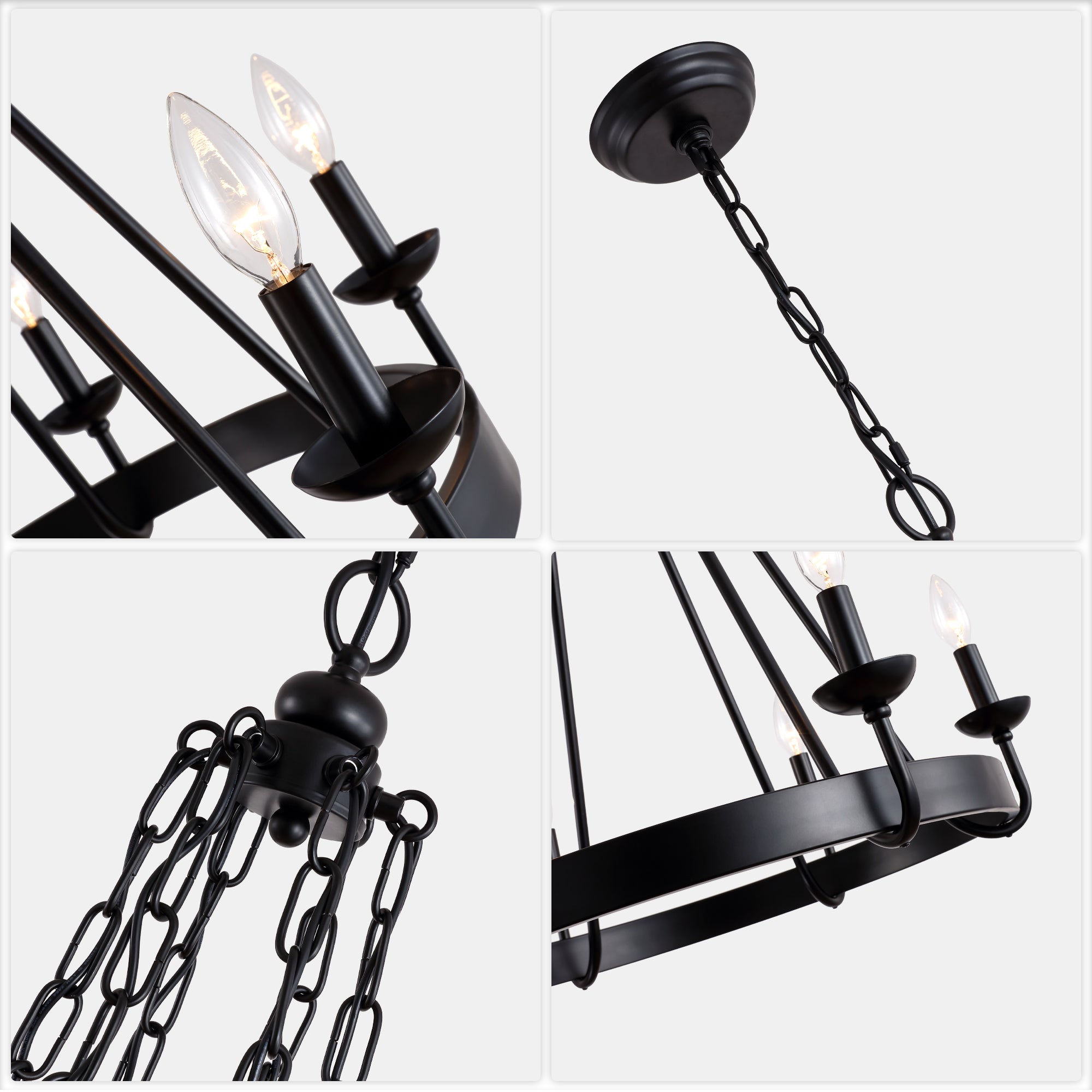 6 - Light Farmhouse Industrial Wagon Wheel Candle Chandelier, 25 Inch Round Matte Black Chandelier with Adjustable Chain, Rustic Candle-Style Pendant Light for Dining Room