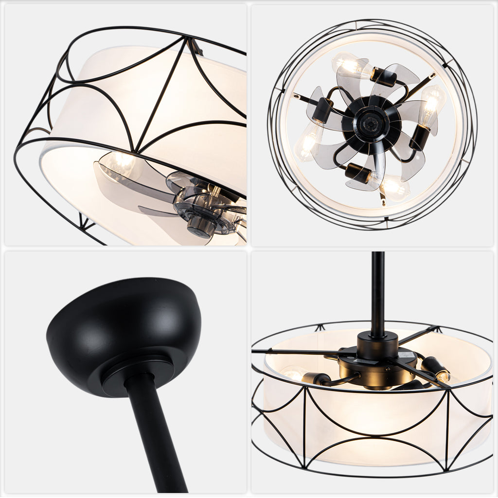 Bohemia Style 20 Inch Caged Retractable Ceiling Fan with Light Quiet Reversible DC Motor 6 Speed Timer Remote Control Ceiling Fan Adjustable Down Rods Ceiling Fan Suit for Kitchen, Bedroom,Living Room