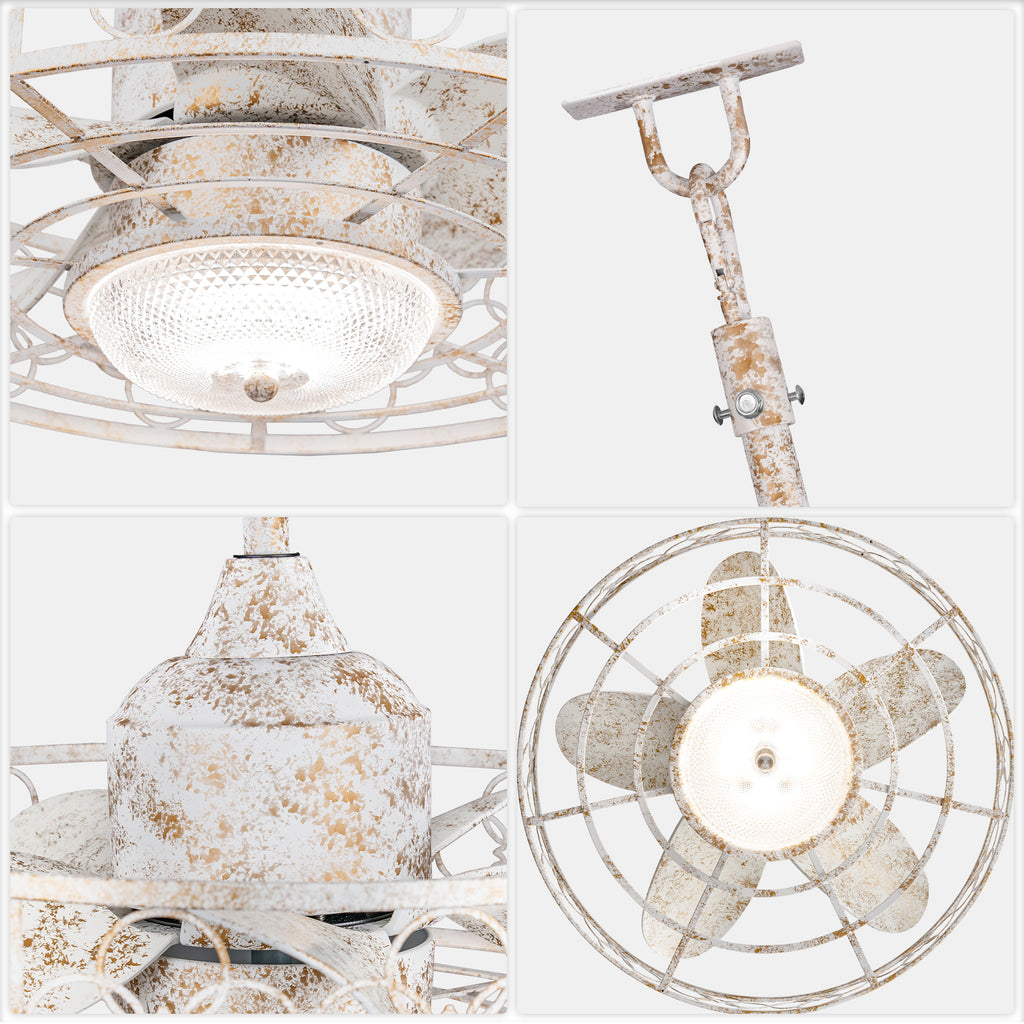 21 Inch Outdoor Waterproof Ceiling Fan with Dimmable LED Light and Remote Control, 6-Speed DC Motor Vintage Distressed White Plug In Ceiling Fan