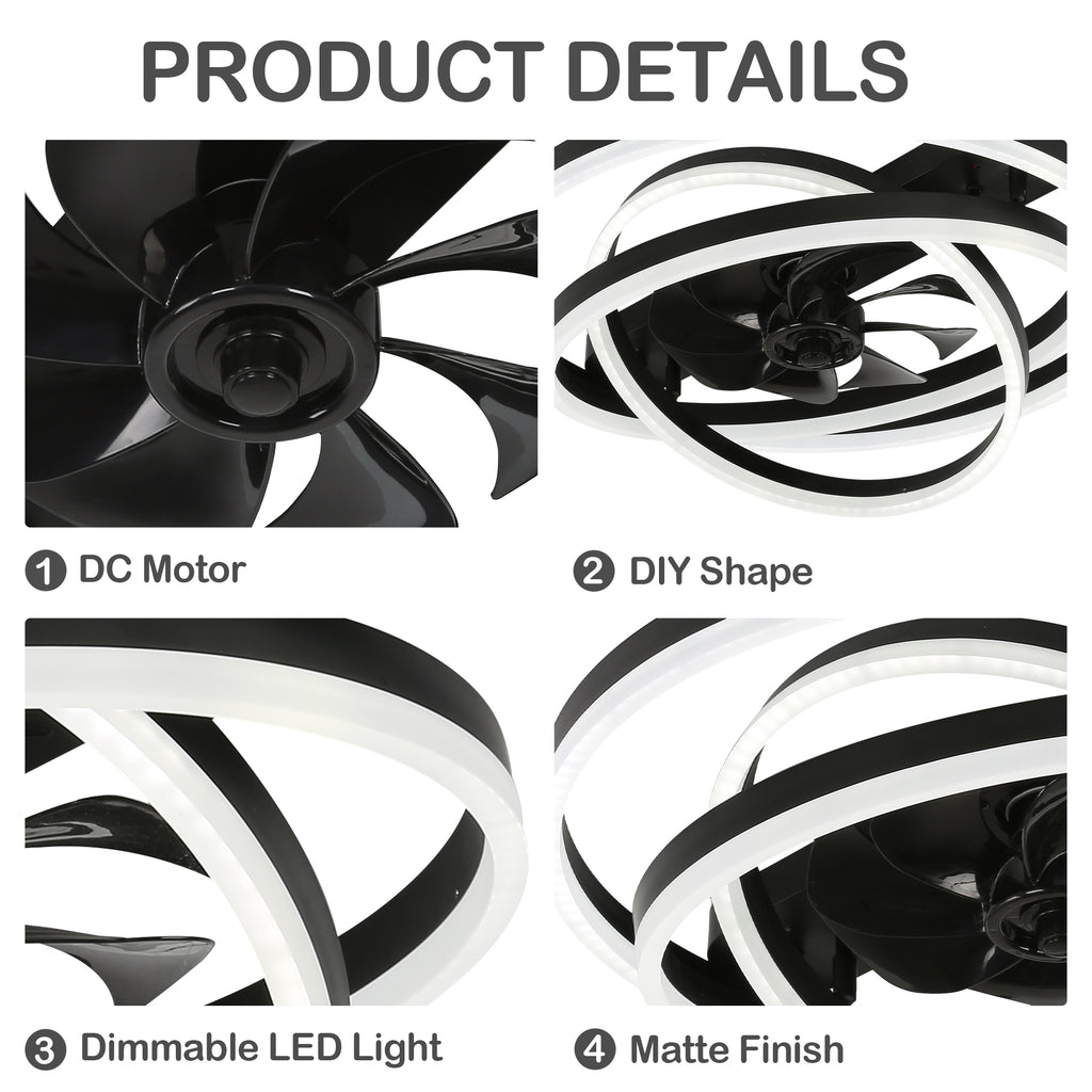 24 Inch Modern Smart Flush Mount LED Ceiling Fan with Light and Remote, 6 Speeds DC Motor Bladeless Low Profile Ceiling Fan