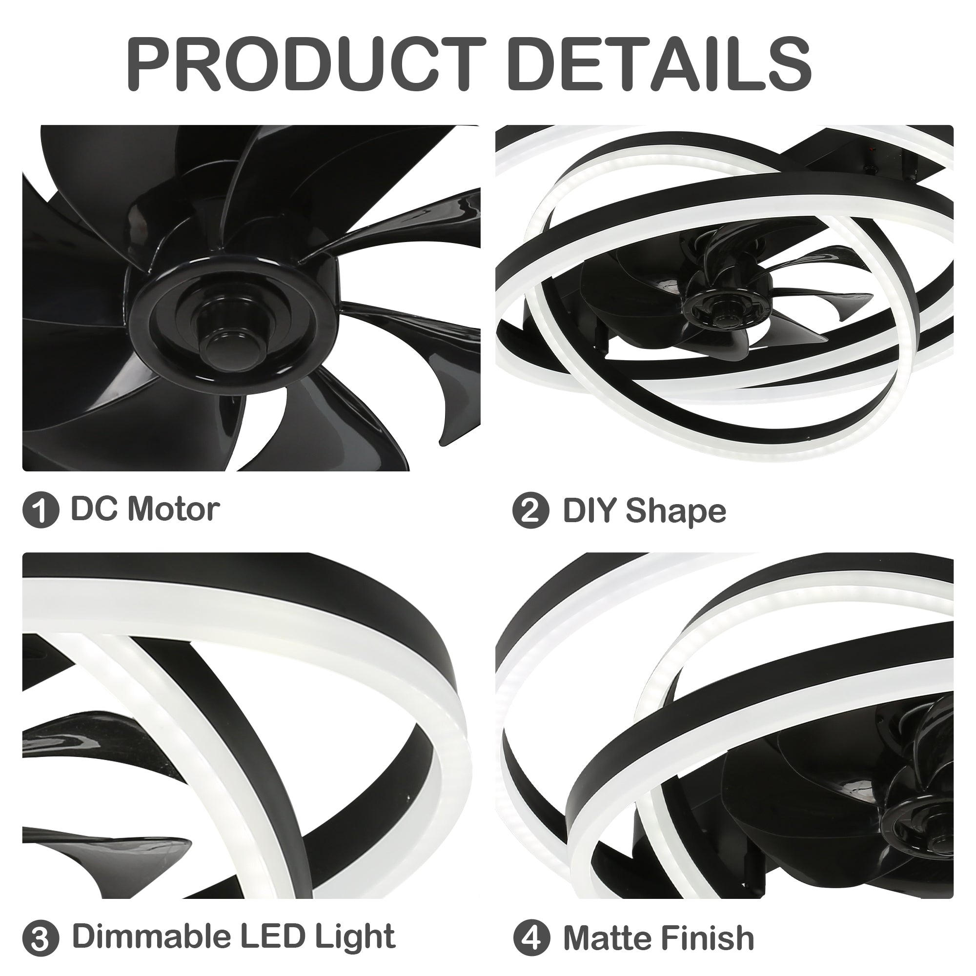 24 Inch Modern Smart Flush Mount LED Ceiling Fan with Light and Remote, 6 Speeds DC Motor Bladeless Low Profile Ceiling Fan