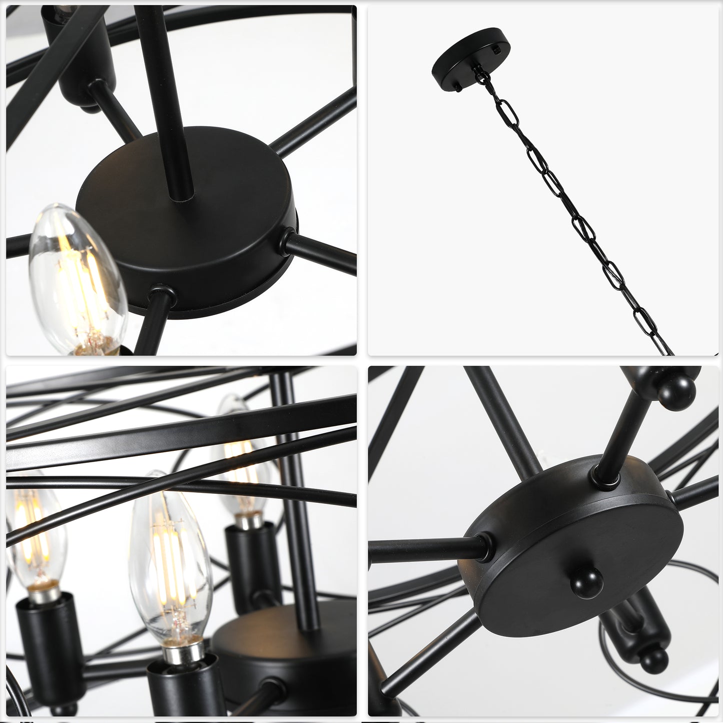 FC4078-Black/Silver Simple Linear Metal Caged Chandelier, Geometric Pendant Light, with Light Kit and Adjustable Chain