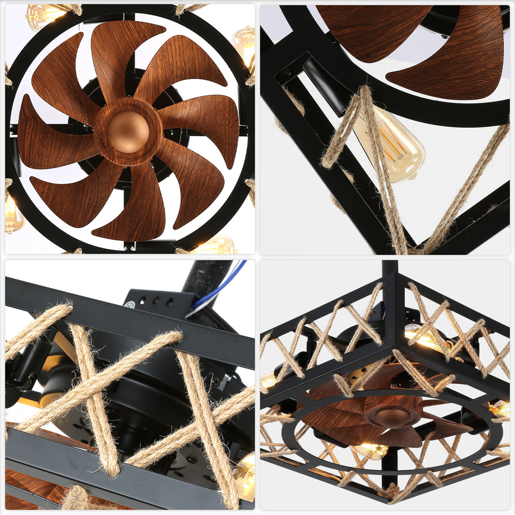 18 Inch Rectangular Industrial Farmhouse Flush Mount Ceiling Fan with Lights and Remote Control, 6 Speeds DC Motor Bladeless Ceiling Fan