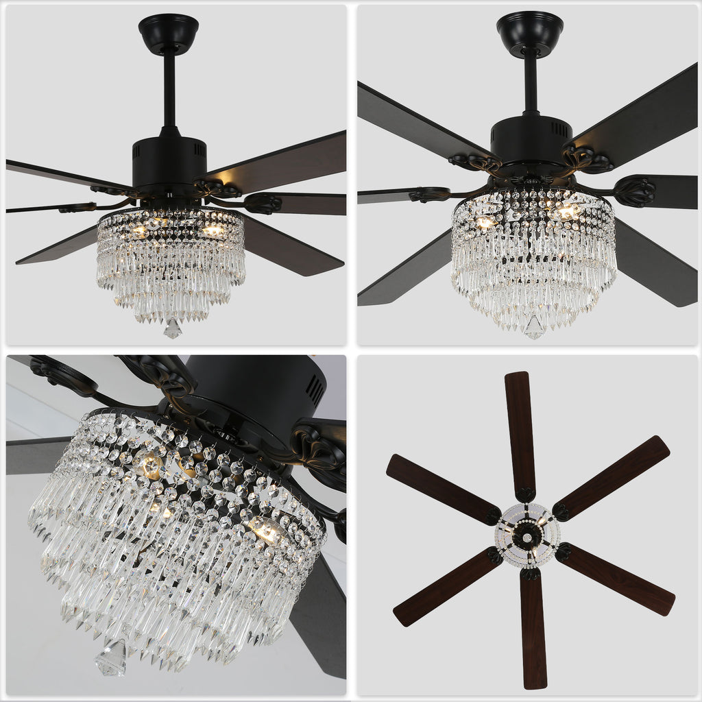 DC6502-BellaDepot 65" Black/Silver Finish Metal Crystal Wooden Reversible Ceiling Fan with Remote and 3 Lights, Large Size Ceiling Fan